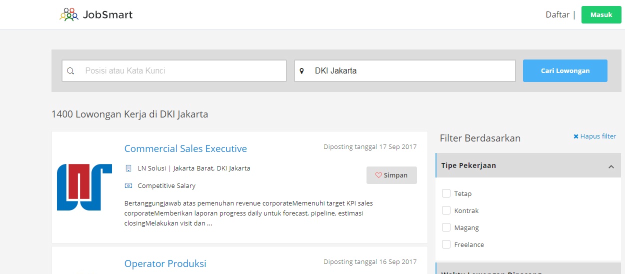 Halaman menu pencarian di situs lowongan kerja jobsmart